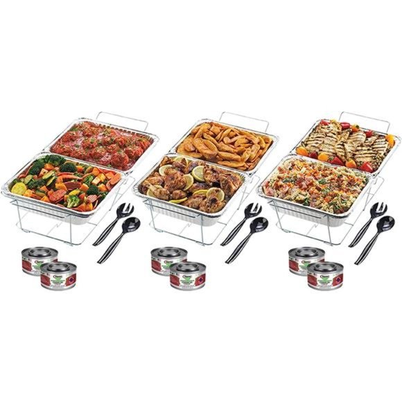 Disposable Aluminum Chafing Dish Buffet Set w/ Green Canned Heat Warmers, 3 Pack - Picture 1 of 6